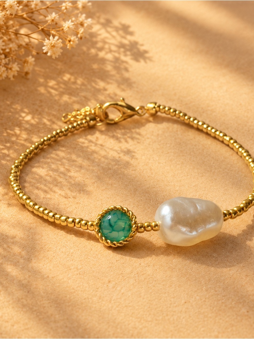 Gold Beaded Bracelet with Green Agate bead and Faux Pearl Accent